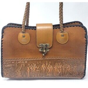 Vintage Tooled Heiroglyphics Leather Shoulder Bag / Purse